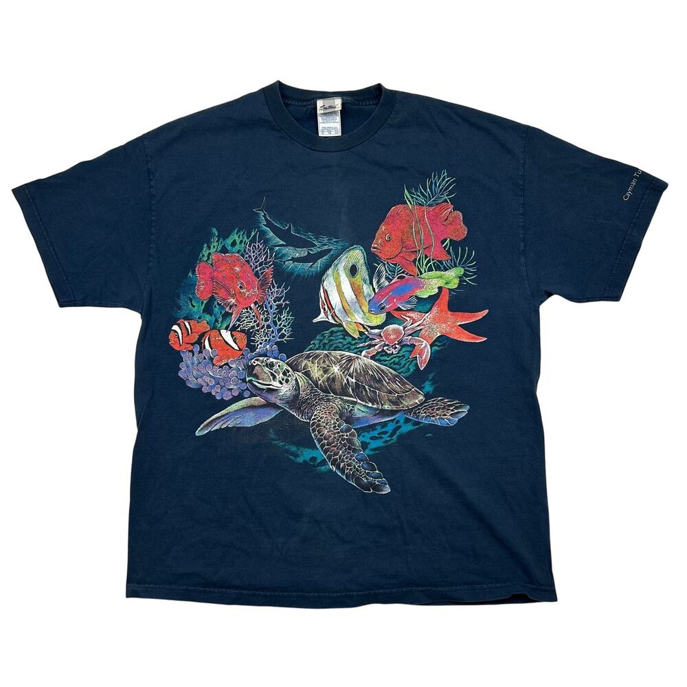 Vintage Sea Turtle Graphic T Shirt Mens XL Navy Blue Cayman Islands Marine Reef